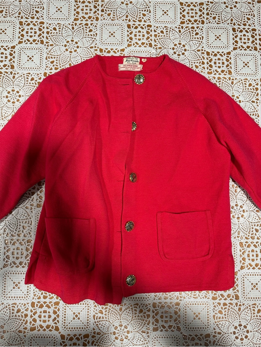 Vintage Made In Italy Virgin Wool Cardigan Sweater Pink Red Gold Button
